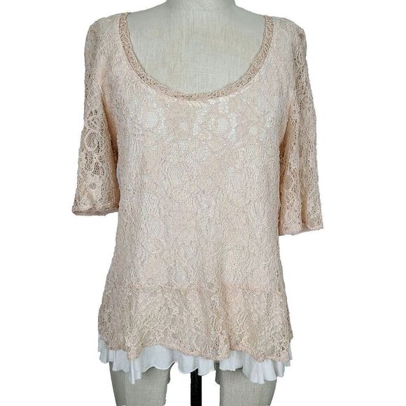 Deletta Anthropologie Top L Beige Embroidered Lace Layered Peplum Blouse‎ - Picture 1 of 8